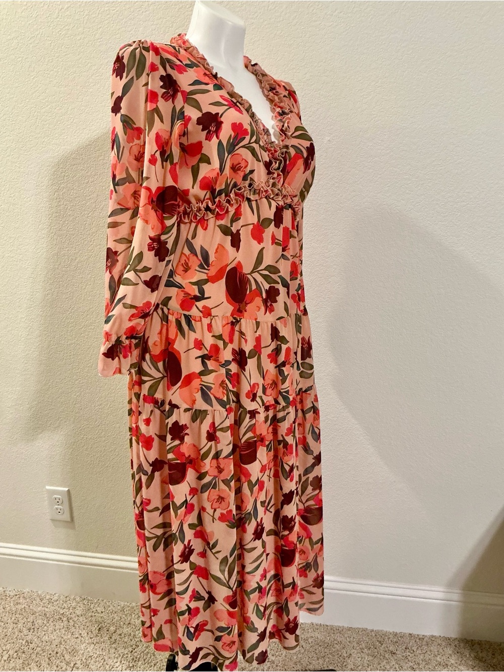 Floral Ruffle V-Neck Midi Dress in Peach